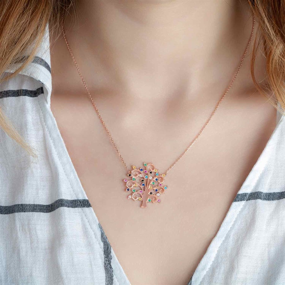 Roze Rengi Renkli Taşlı Hayat Ağacı Tasarım Gümüş Kolye