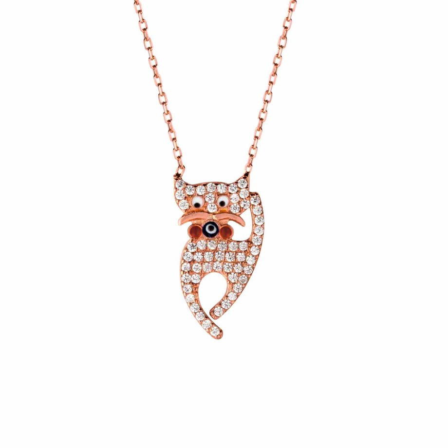 Roze Rengi Zirkon Taşlı Kedi Tasarımlı Gümüş Kadın Kolye