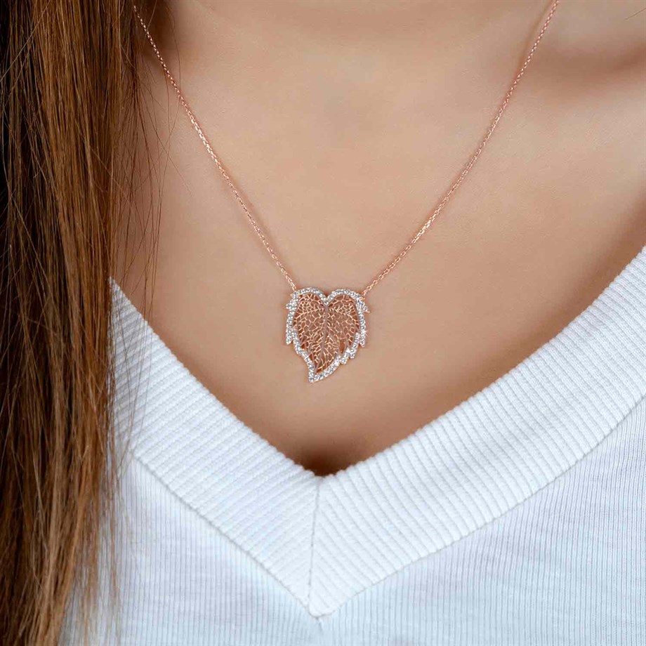 Roze Rengi Zirkon Taşlı Yaprak Tasarımlı Gümüş Kadın Kolye