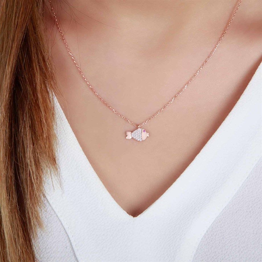 Afrodit Silver Roze Rengi Balık Tasarım Gümüş Kolye