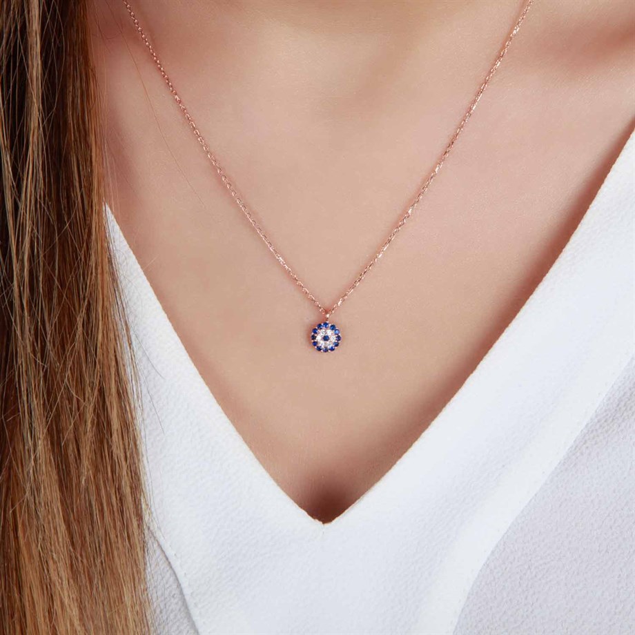 Roze Rengi Zirkon Taşlı Nazar Boncuğu Tasarımlı Kadın Gümüş Kolye
